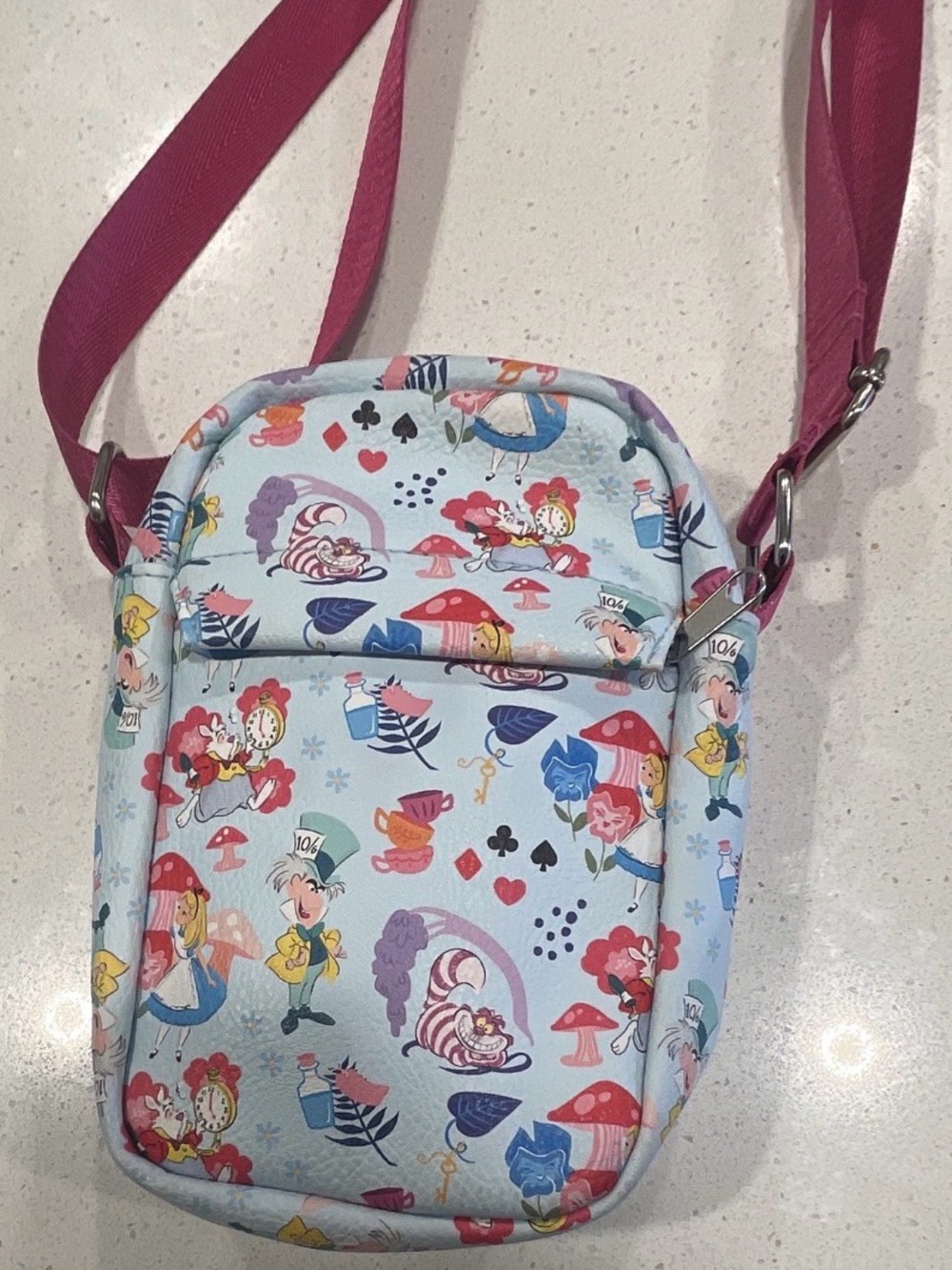 Buckle-Down Light Blue Alice-Inspired Crossbody with Pink Strap